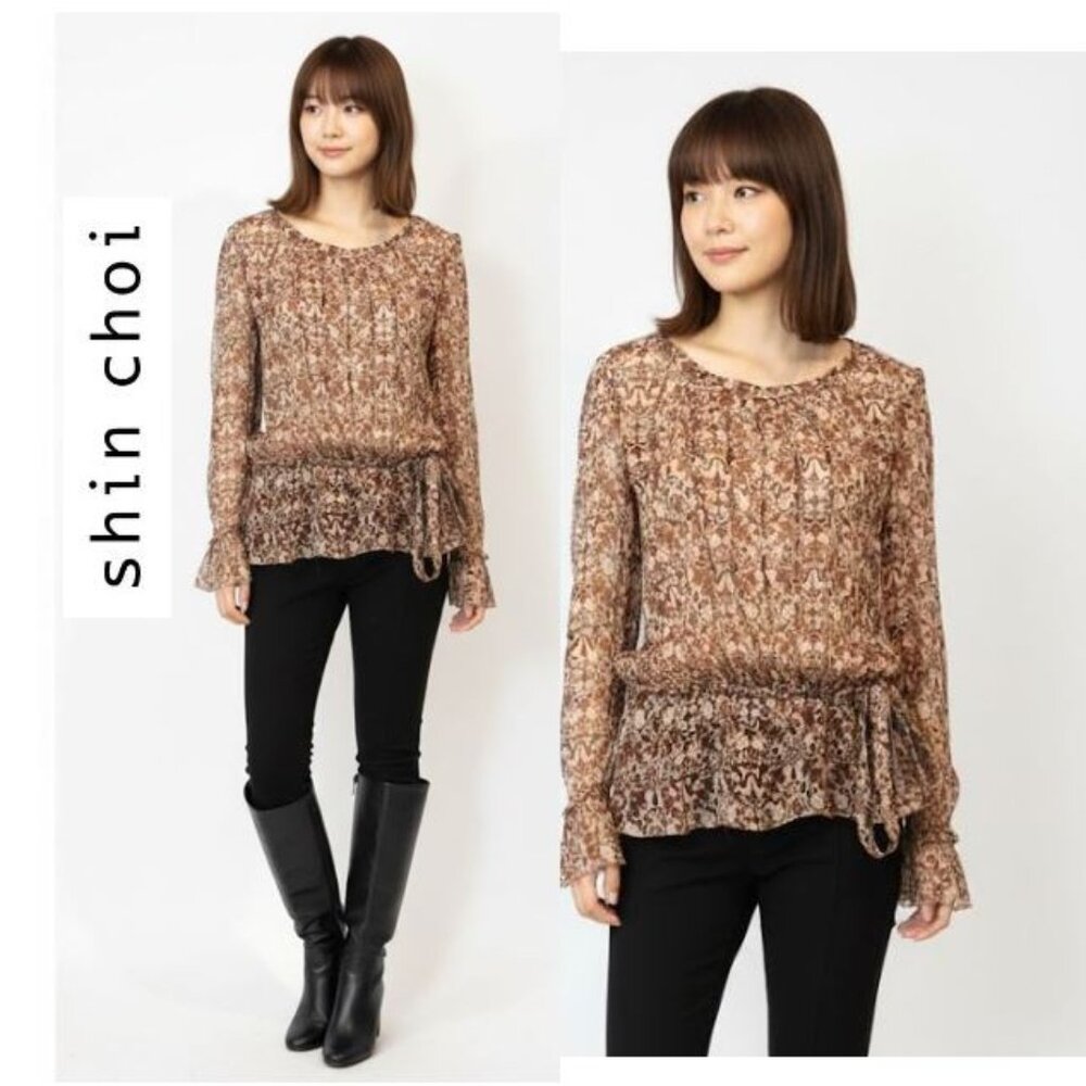 SHIN CHOI,- Boho long sleeve 100% silk sheer floral print blouse with side tie